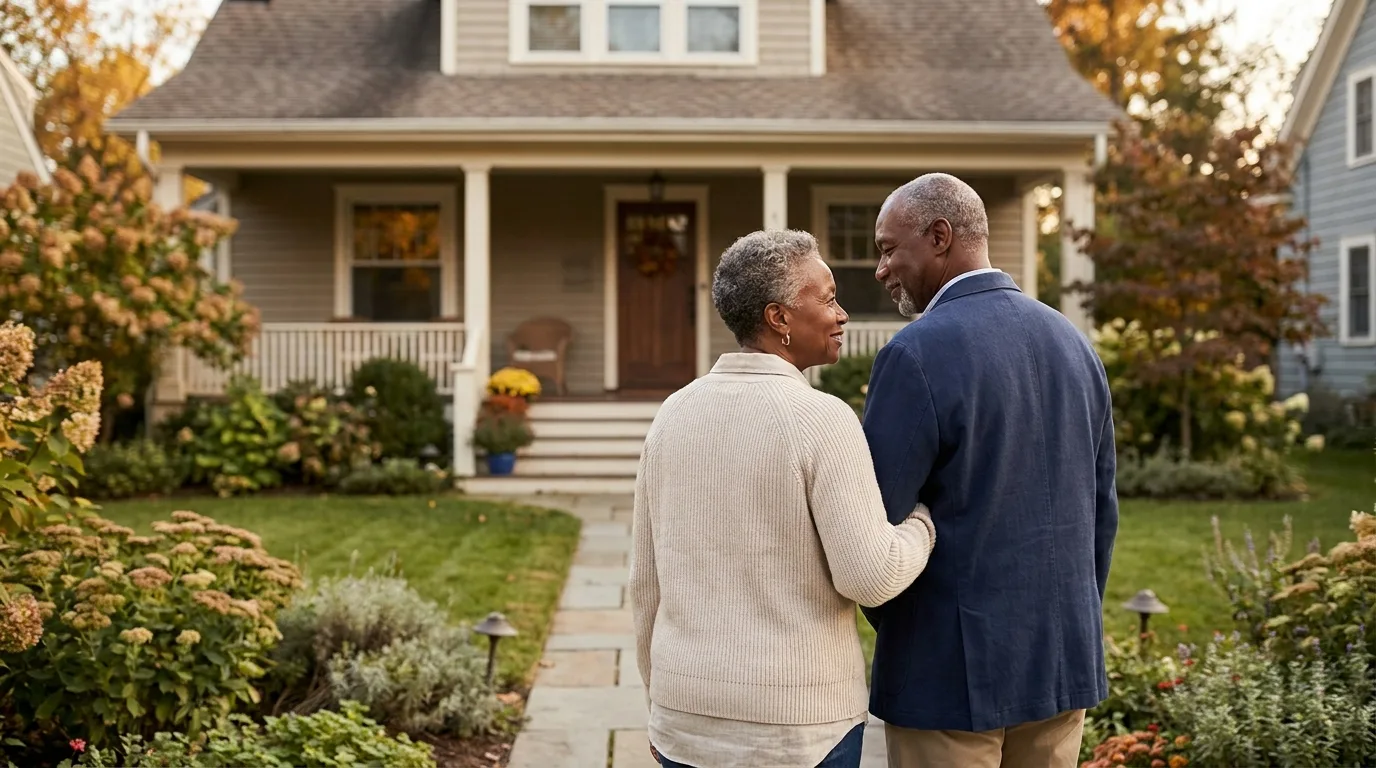 A retired couple looking fondly at their family home