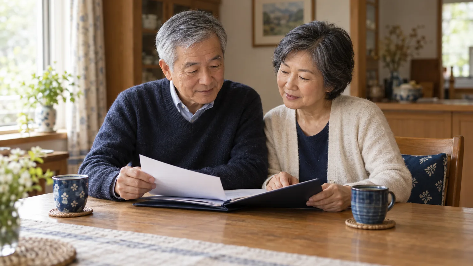 An older couple reviewing papers together at their kitchen table