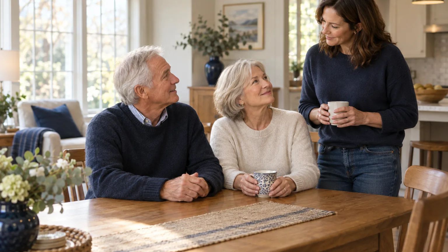 An older couple talking with their adult daughter over coffee at the kitchen table