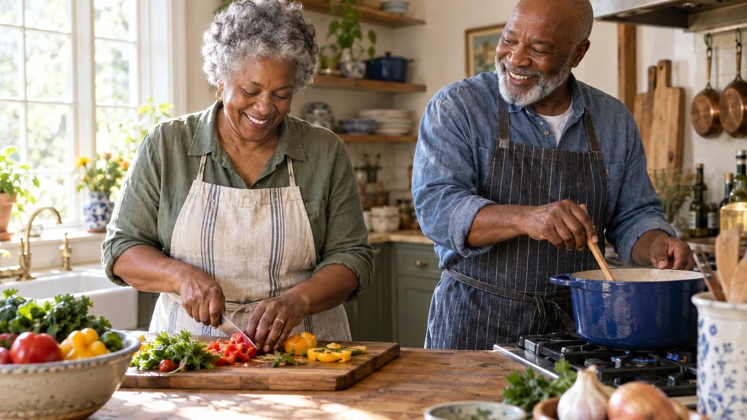 An older couple cooking together in a sunny kitchen