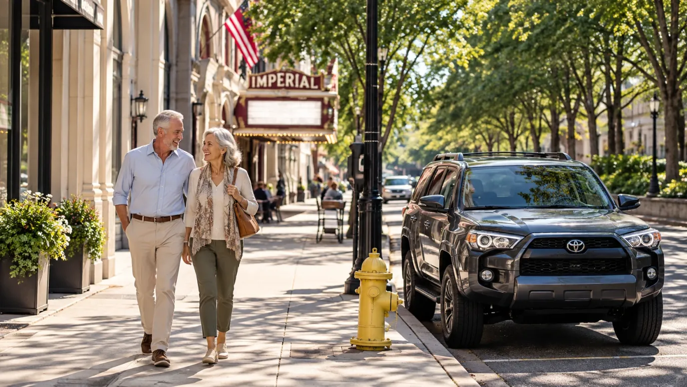 An older couple walking past the Imperial Theatre on Broad Street in downtown Augusta