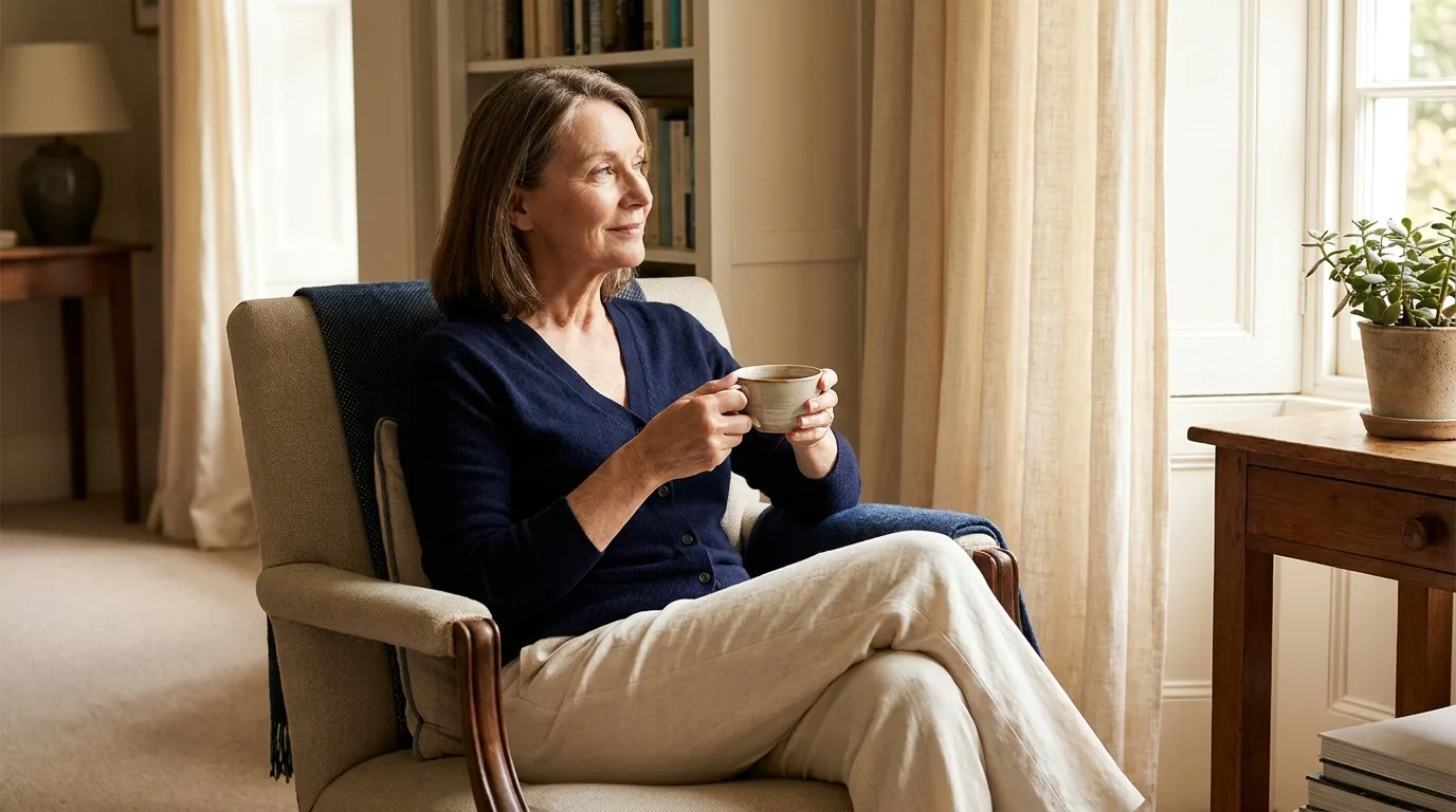 A dignified older woman sitting calmly by a bright window at home