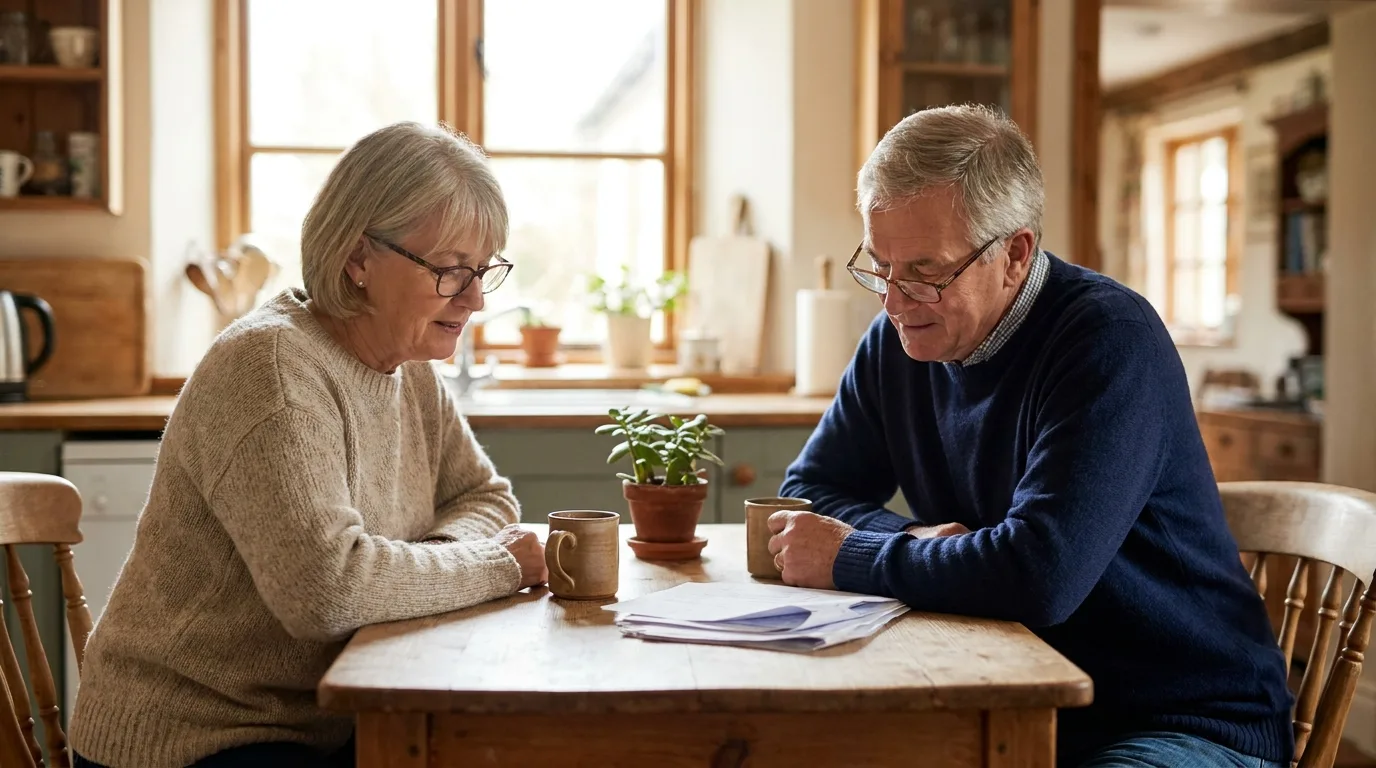 A retired couple reviewing paperwork together over coffee at home