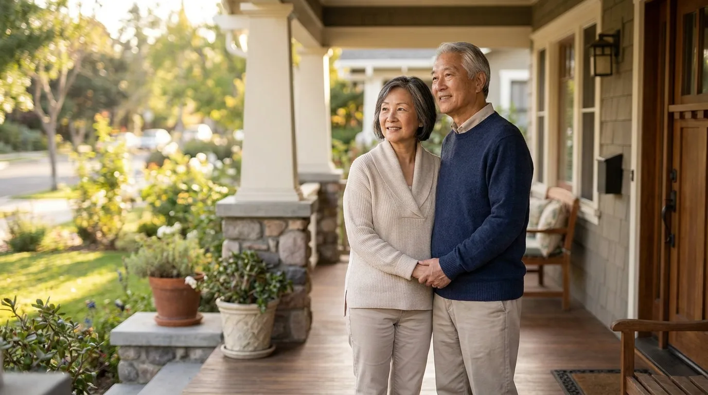 A retired couple relaxing on the front porch of their home