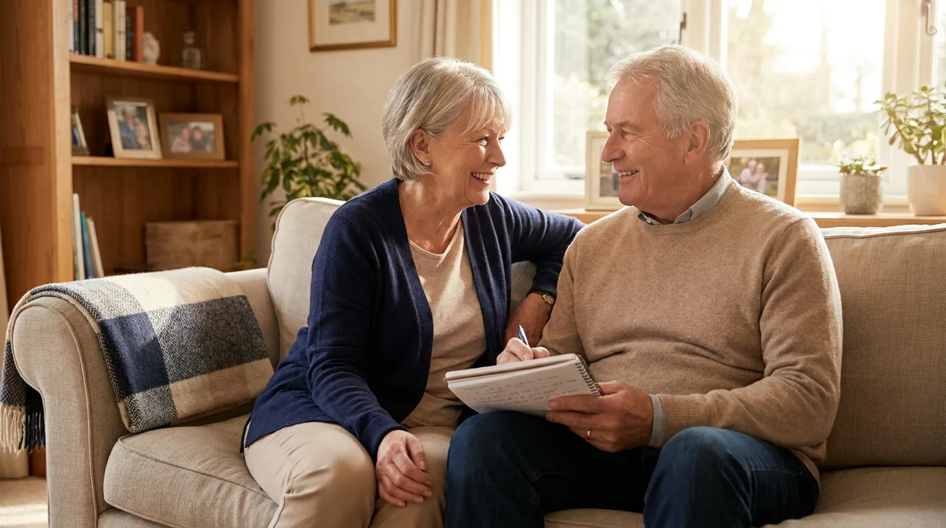 A retired couple in relaxed conversation with a notepad at home