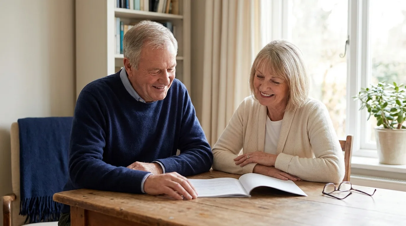A retired couple reviewing a document together with a look of clarity