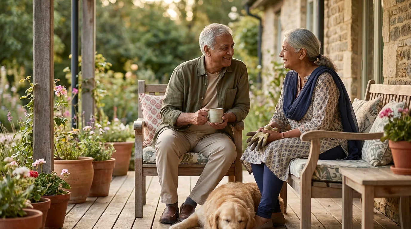 A retired couple enjoying the porch and garden of their long-time home