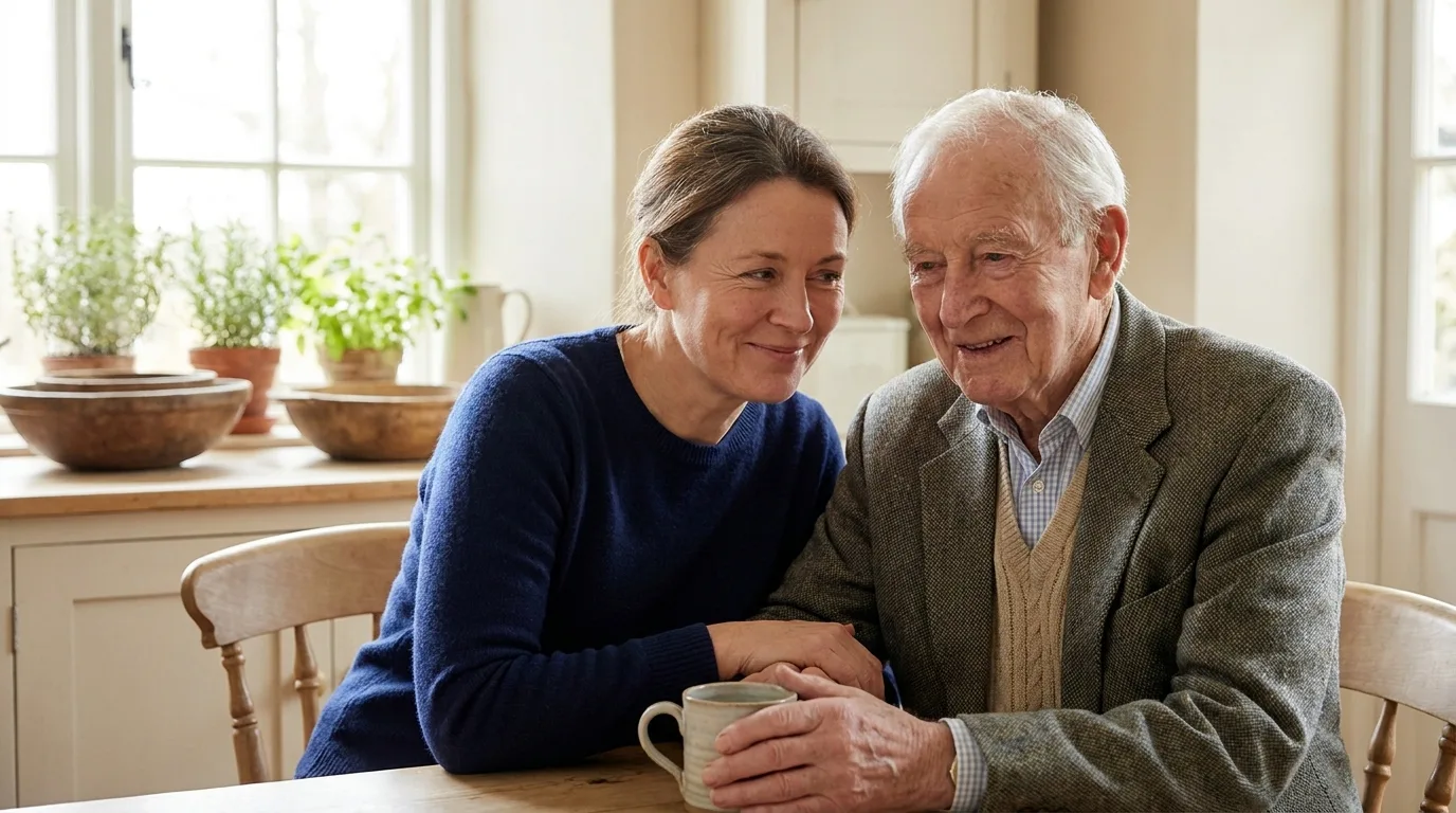 An adult daughter in warm conversation with her elderly parent at home