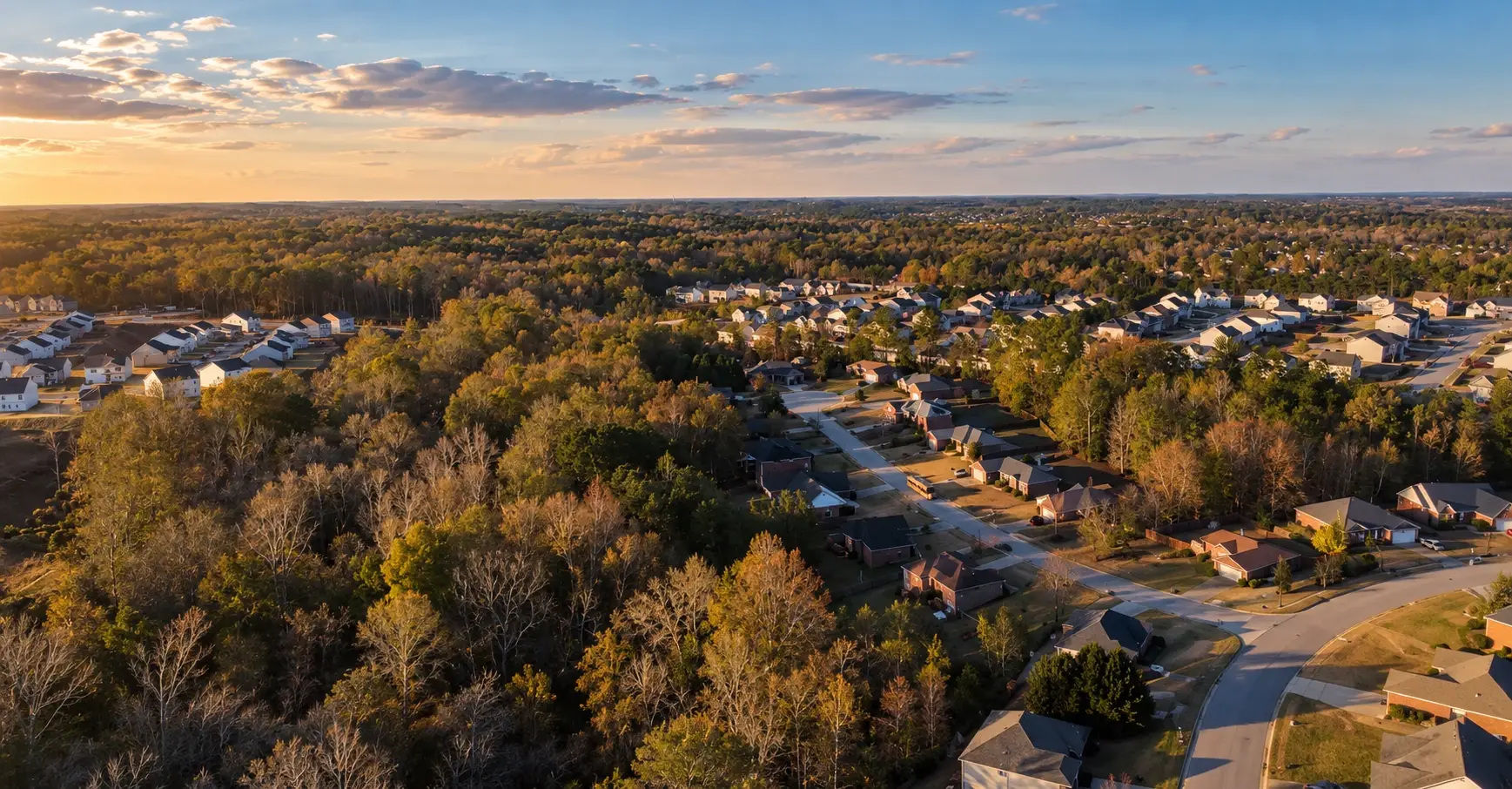 Aerial view of Columbia County, Georgia neighborhoods at sunset