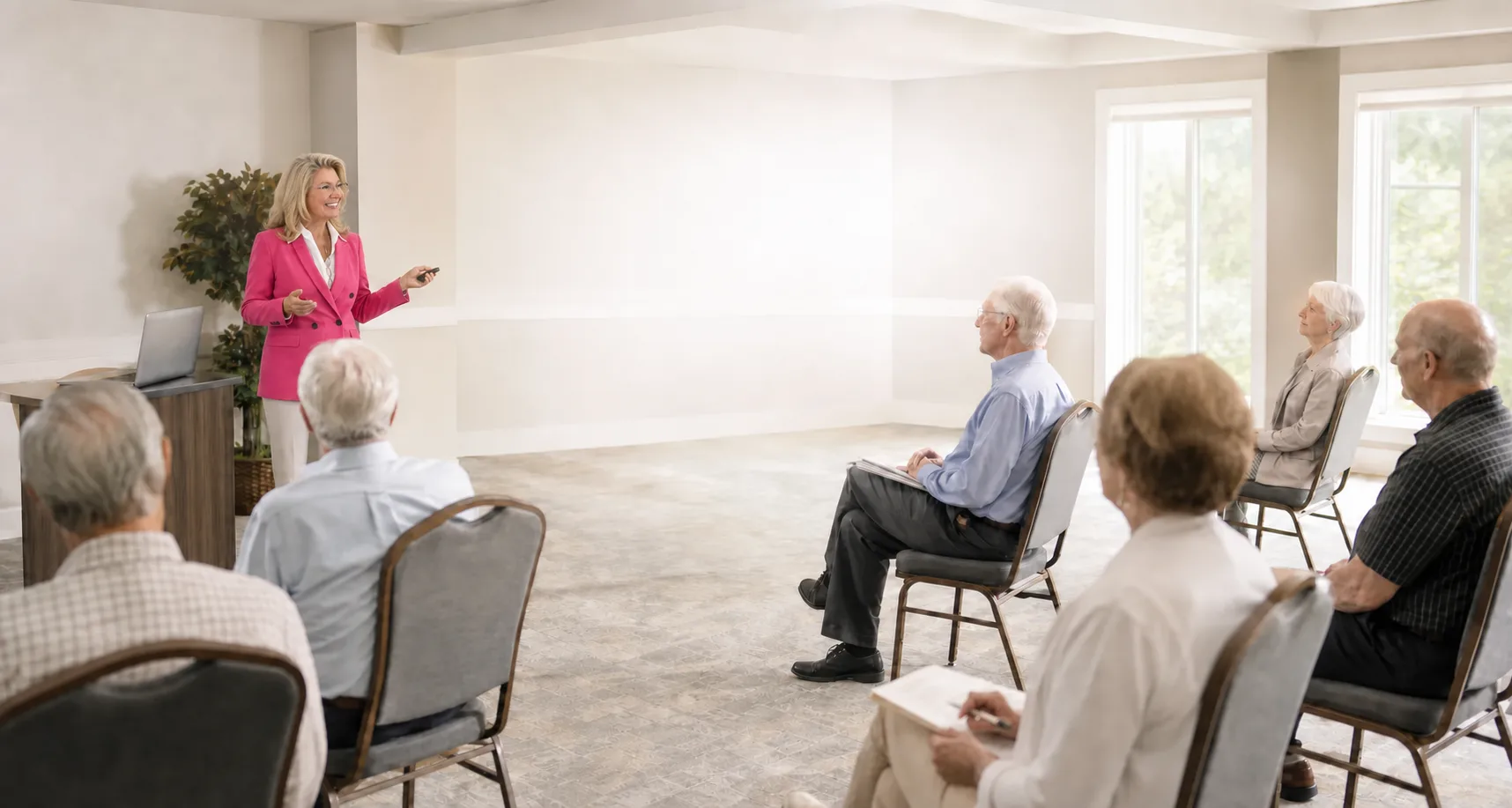 Samantha Peel speaking with guests at an MCS educational event